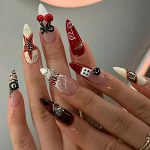 Rockstar Cherry Press-On Nails, Charms with Lips, Leopard & Chains, Handmade Nail Set, Trendy Statement Look, Gift for Her