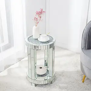 SHYFOY 24"H Round Glass End Table 4 Legs Mirror Side Table with Crystal