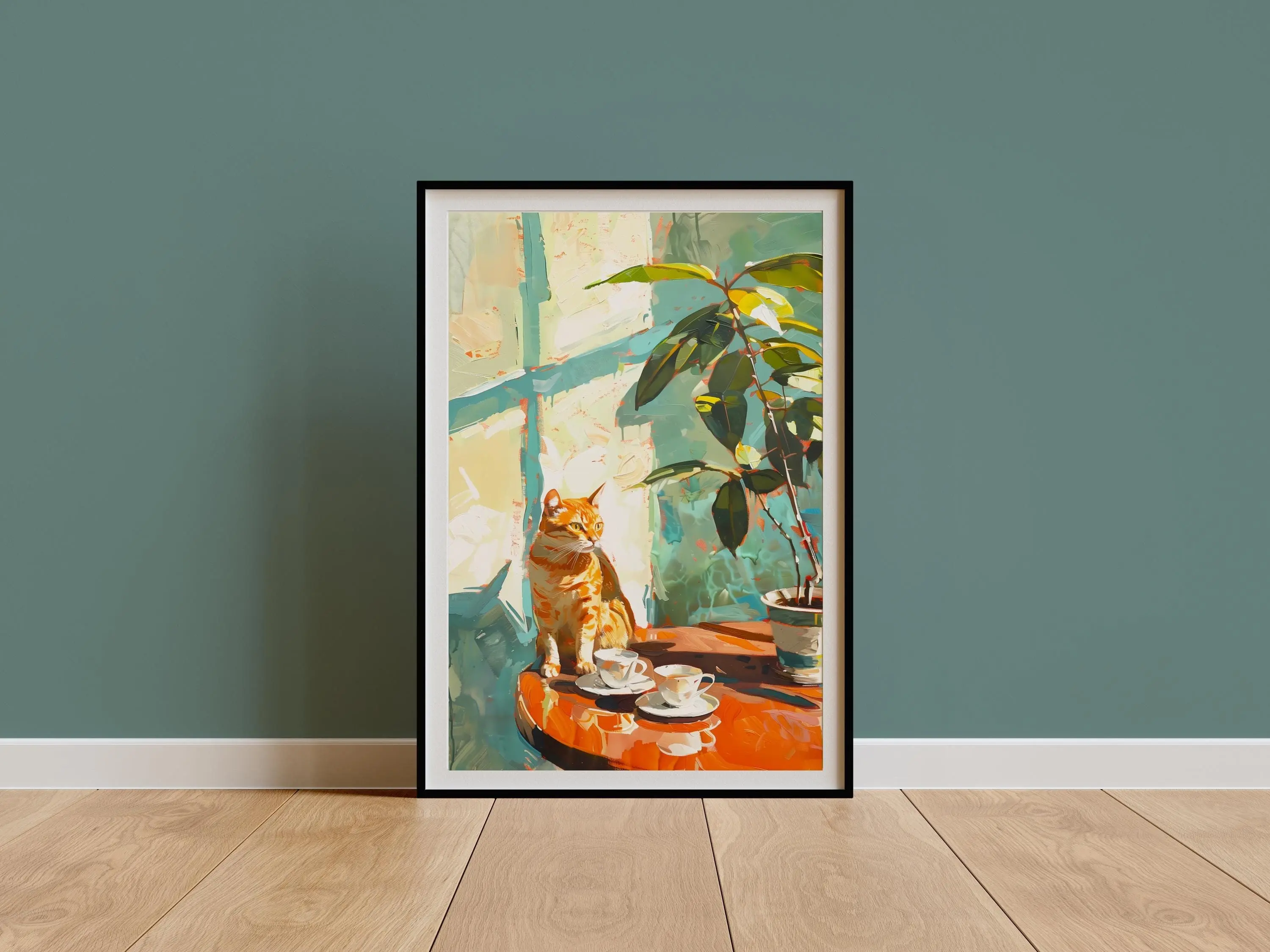 Retro Ginger Cat & Coffee Wall Art Print, TeaCups Vintage Kitchen Decor, Dining Room Artwork, Still Life Painting, Drink Illustration Poster