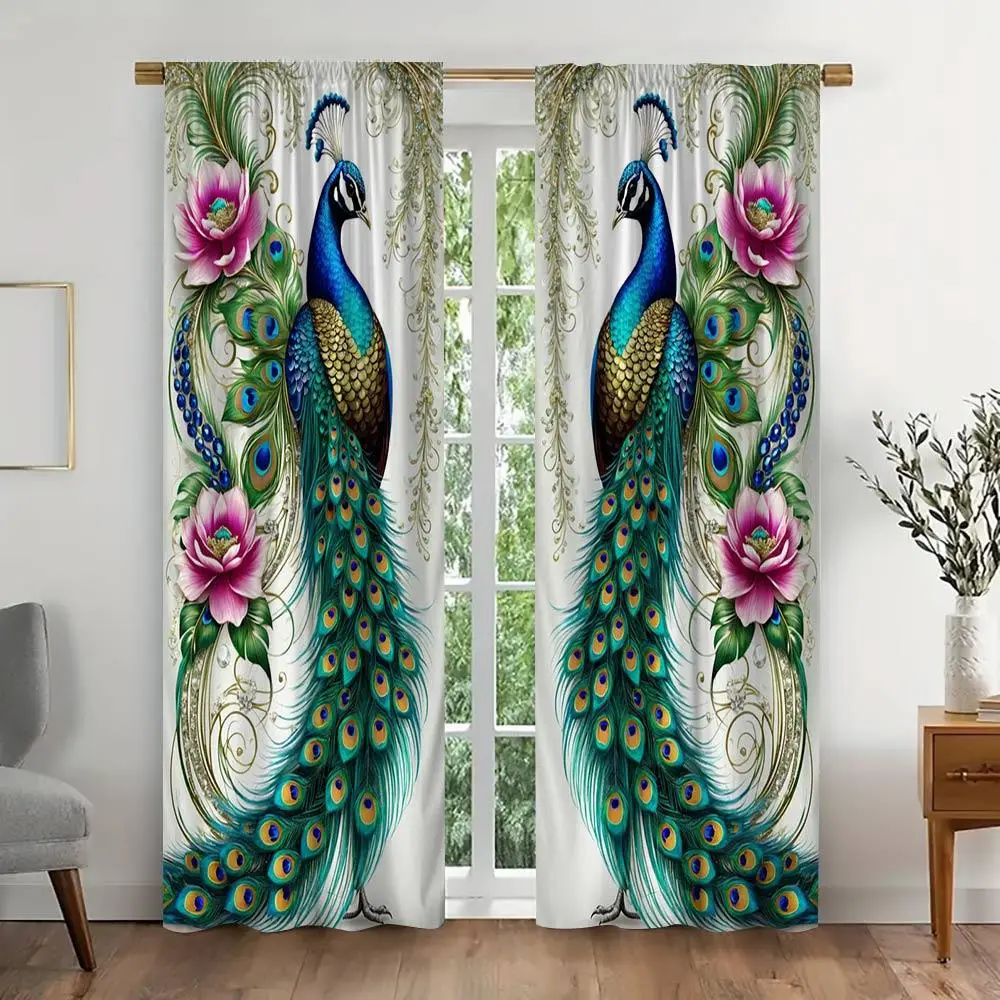 Peacock Pattern Curtain, 2 Counts/set Modern Art Semi Blackout Curtain, Window Curtain for Home Living Room Bedroom Office Decoration