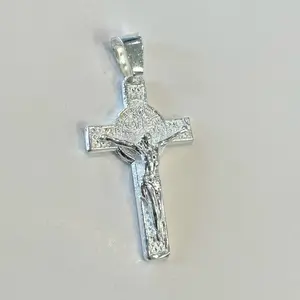 Sterling Silver 925 Crucifix San Benito Medal Cross Religious Jewelry