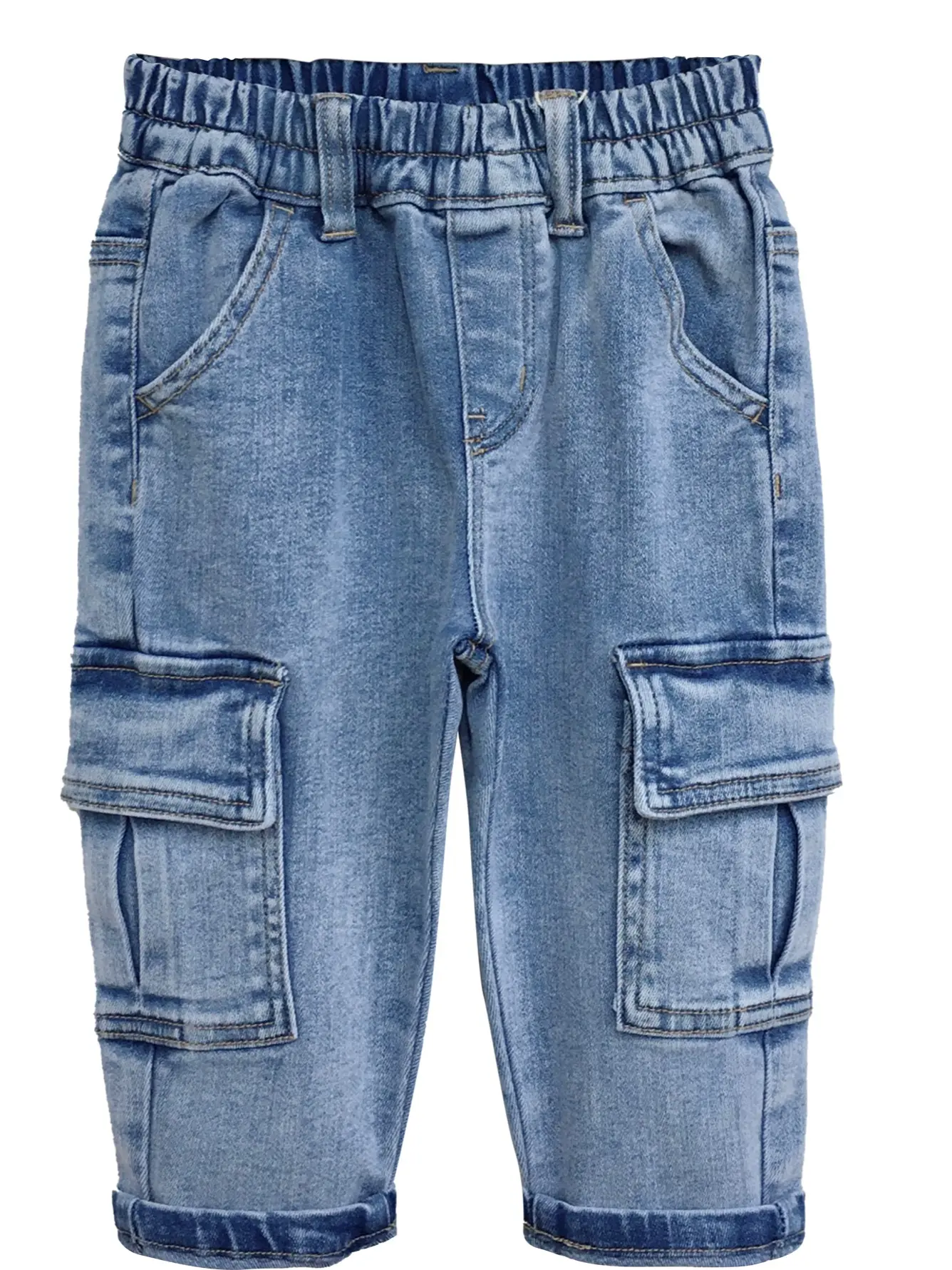 Kidscool Space Unisex Kids Stretchy Ripped Cargo Jeans  Light Wash Elastic Waist D-Ring Pants 9M-5T, Daily Wear Jeans, Multiple Pockets Pants, Soft Washed Denim, All Seasons, Ripped Hole Style, Cotton Blend, Soft Cotton