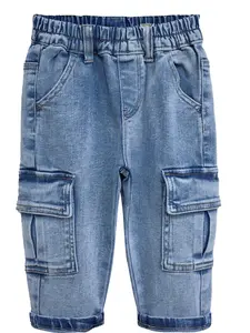 Kidscool Space Unisex Kids Light Wash Stretch Cargo Denim Jeans (9M-5T) - Light Indigo Daily Wear Jeans with Elastic Waist-D-ring, Multiple Pockets for Casual Wear
