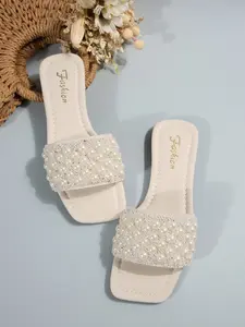 Women's Slip-On Elegant Comfortable Casual Rhinestone Pearl Flat Fashion Beach Slippers, PU Leather Gingham Design, Rubber Sole, Flat Summer Sandals