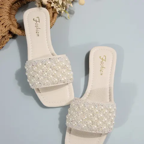 Women's Slip-On Elegant Comfortable Casual Rhinestone Pearl Flat Fashion Beach Slippers, PU Leather Gingham Design, Rubber Sole, Flat Summer Sandals, Footwear For Beach, Daily Fashion Footwear, Fashionable Comfy Sandals, Fashionable Glitter Sandals