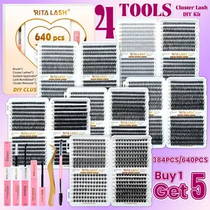 RITALASH 640/384pcs 6 Nature Styles Lash Clusters Kit, 10D/ 20D/ 30D/ 40D/ 50D/ 60D/ 80D/ 100D/W05/ W06/ W02/ W04 Eyelash Clusters Extensions with Everything You Need for Beginners and Proficient, DIY at Home Easily with Bond and Seal Remover Double-Ended