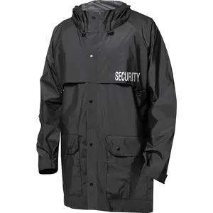 Black Nylon Security Rain Jacket Traffic Hood 100% Waterproof Rain Coat