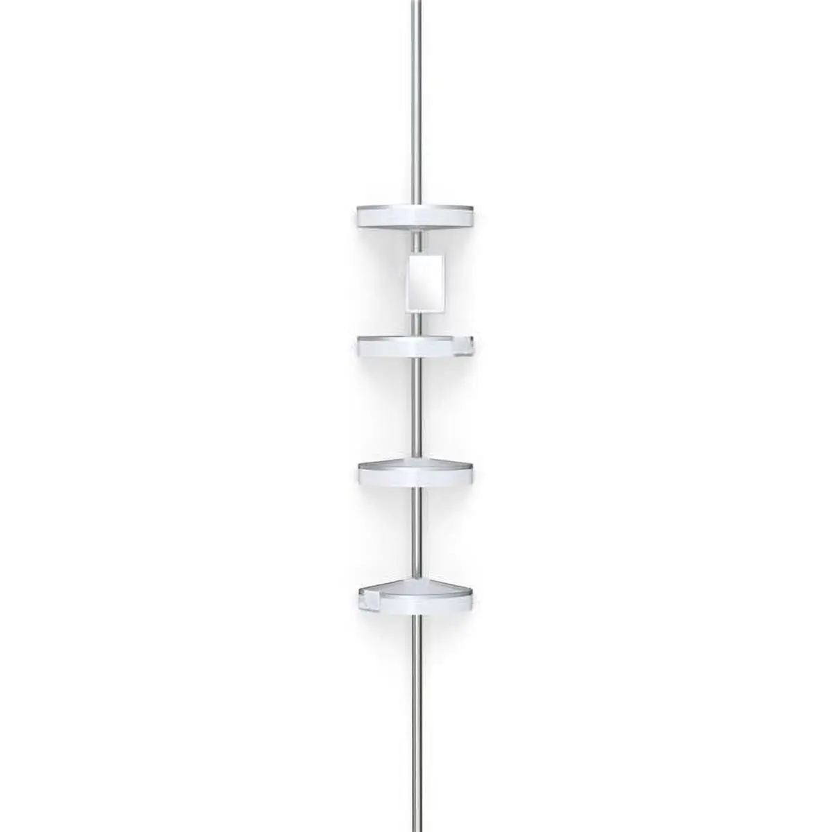 212 MAIN HiRISE Aluminium Shower Caddy with Mirror - 4-Tension Adjustable Height, 4 Baskets, Hanging Hooks, Accessory Organizer, Space-Saving Movable Unit to Completely Organize Shower Soap/Bottles, White, 10.625x8x60-108in