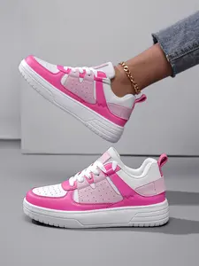 Pink and white color - blocked casual skate shoes. Designed with an ageless aesthetic, they are easy to match in all seasons. The top choice for daily styles, the color - scheme exudes a trendy attitude. Rose