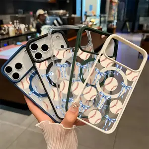 Phone Case for IP 17/16/15/14/13/12/11 Series (Pro, Pro Max & Standard) - Trendy Ribbon & Baseball Print, 4-Corner Airbag Shockproof Drop Protection, Wireless Charging Compatible, Transparent Hard Acrylic Cover
