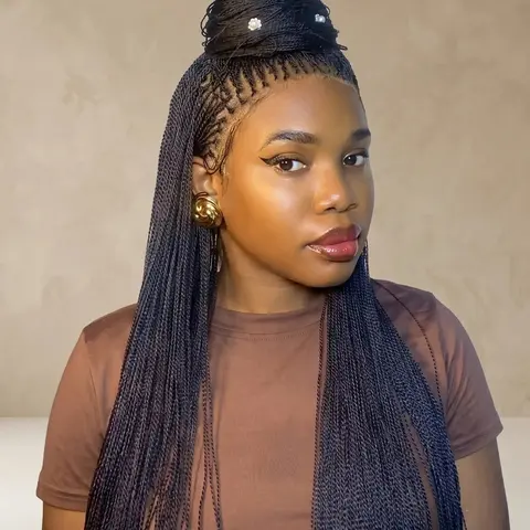 JALIZA High (799-Strand) 36in Black Braided Wig - Mica Micro Senegalese Twists, Pre-Bleached Swiss Full Lace, 360 Glueless Knotless, Adjustable Cap, Unisex Fit, Instant Baby Hairs, Easy to Put on and Take Off for Braids Hairstyles
