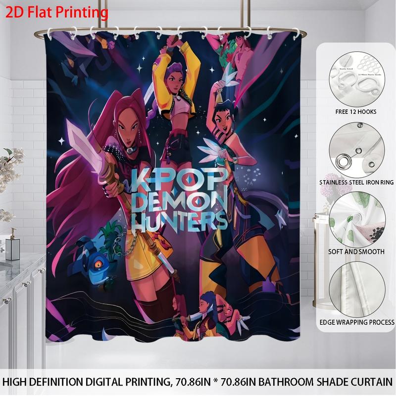 K-POP Demon Hunters Bathroom Set, Including Shower Curtain with 12 Hooks, Non-Slip Bath Rug, U-Shaped Toilet Mat, Toilet Lid Cover, Bathroom Decoration Accessories