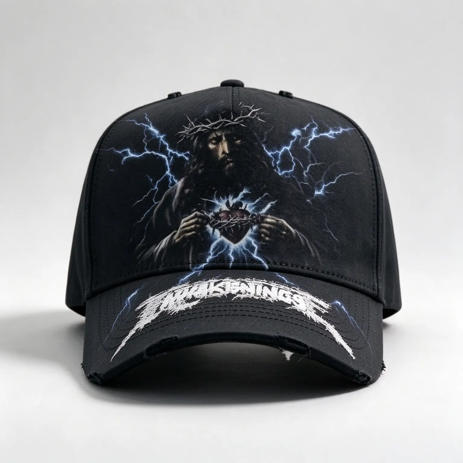 Awakening Cap with Lightning Design and Jesus Image, Black Baseball Cap with Unique Artwork and Branding