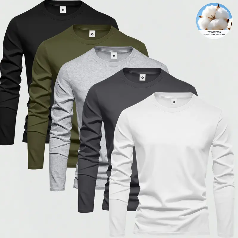 Men's Vintage Multi-Pack Fitted Crew Neck Long Sleeve T-Shirts - Mens Clothing, Extended Cut Polyester Lightweight Breathable All-Season Sweat-Wicking Athleisure Tops, Basic Style, Black/Assorted/Active Energy Colors, Casual Gym Use, Plain Boyfriend Gift