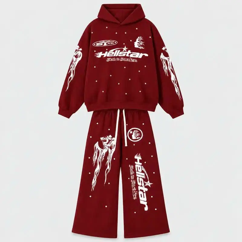 Hellstar 2-Piece Tracksuit with Multicolored Flaming Star Graphic | Y2K-Style Pullover Hoodie and Wide-Leg Sweatpants | Unisex Streetwear