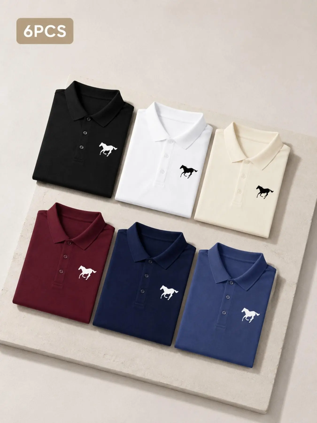 Men’s 6-pack horse print polo shirts, classic fit short sleeves with button placket, performance golf tees, breathable casual and business polos for men