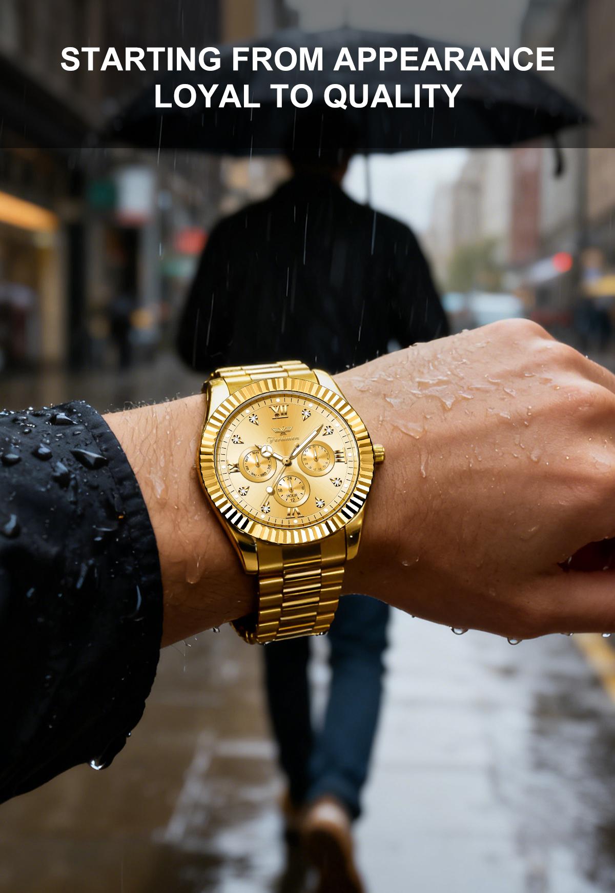 Ferhmen Men's Luxury Dress Watch, 41mm Gold Dial,Stainless Steel Band, Rotating Quartz Analog, relojhermoso, Waterproof & Lum, anniversary giftinous BigFace Wristwatch, Elegant Boss Style Watch