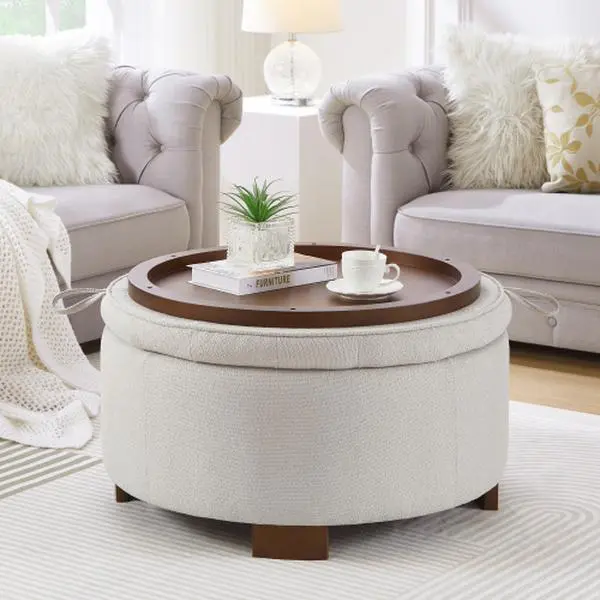 Round Boucle Storage Ottoman with Reversible Tray Lid, Multifunctional Footrest & Side Table with Hidden Storage for Living Room Bedroom