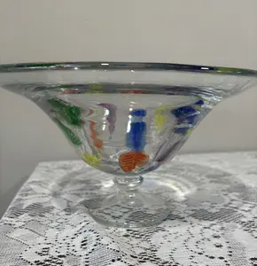 Vintage Dansk Colorful Fused Art Centerpiece Bowl on pedestal