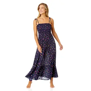 Women's Gradient Floral Smocked Shoulder Tie Dress Cover Up