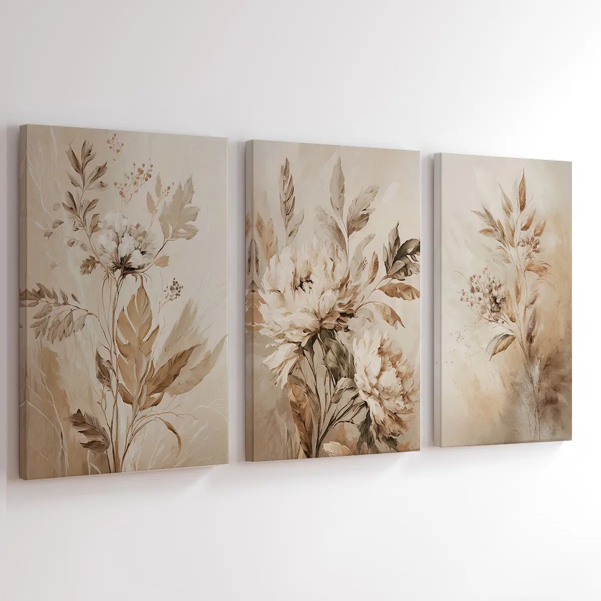 3Pcs/Set Wooden Framed Boho Beige Floral Print Canvas Posters, Neutral Botanical Wall Art, Decorative Artwork, Room Decor, Ready To Hang, Artwork Wall Painting For Gift, Wall Picture for Living Room, Bedroom, Modern Floral Paintings