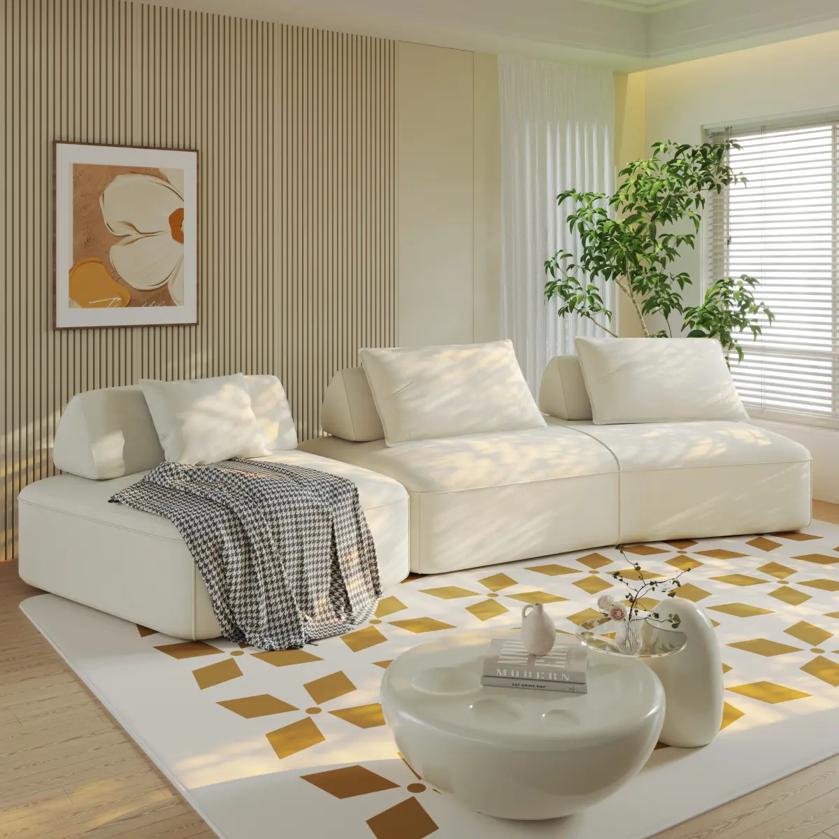Aobtkel 139" Modern Light Luxury Modular Chenille Sofa Settee - 3-4 People DIY Divideable L-Shape Multi-Piece Convertible, Removable Backrests, Soft Pillows, Deep Seat Couch Bed with Anti Slip Pads for Living Room, Beige