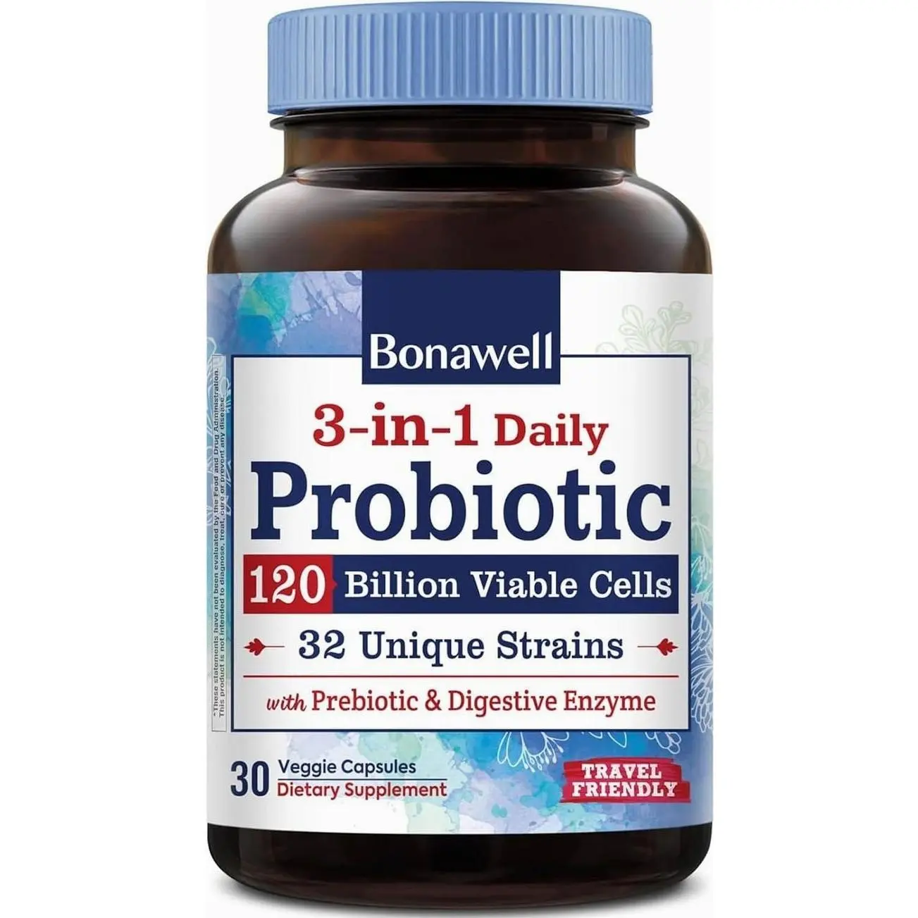 Bonawell Probiotics 120 Billion CFU 32 Strains with Prebiotics, Digestive Enzymes, 3-in-1 Daily Probiotic, Shelf-Stable, Delayed-Release, 30 Veggie Caps