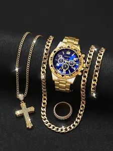 Men's Luxury Quartz Watch Set with Necklace Bracelet Ring, Rhinestone Analog Round Dial, Father's Day Gift, All Seasons