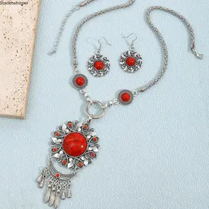 Bohemian Vintage Silver Turquoise Fringe Necklace Earrings Set, Ethnic Exaggerated Statement Pendant Jewelry, All Season Bridal Evening Accessories for Daily Wear, Party & Festival Occasions