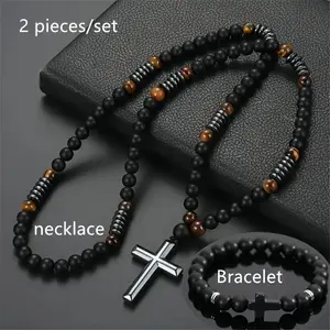 2pcs Set: Elegant Matte Black Stone & Tiger Eye Cross Pendant Necklace and Bracelet - Zinc Alloy, Natural Stone Men's Jewelry, Minimalist Design, Perfect Gift, Tiger Eye Jewelry