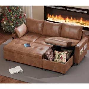 【2 packages arrived at different times】Sofa Bed, 3 in 1 Sleeper Sofa with Storage Chair, Sectional Pull Out Mid Century Modern Couch for Living Room, Comfy Sleeper Couch