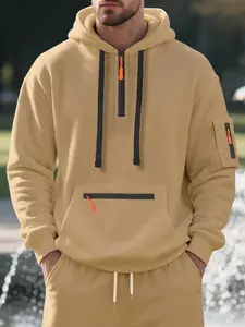Men's Hooded Sweatshirt with Fleece Lining, Multiple Zipper Pockets, Comfortable Fall Winter Pullover, Long Sleeve Polyester Fabric