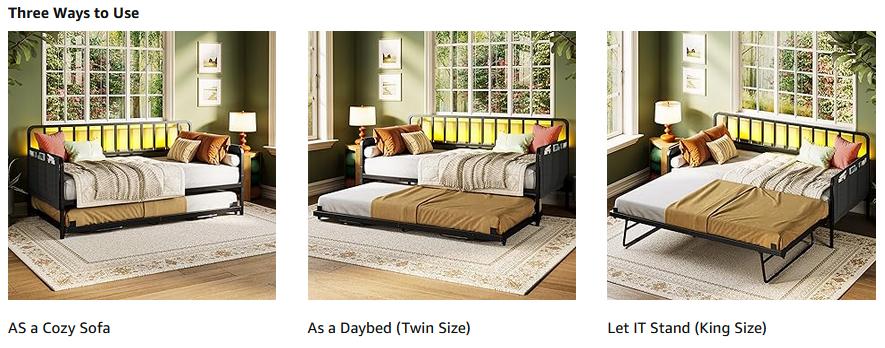 LIKIMIO Twin Daybed with Trundle, Charging Station & LED Lights, Metal Sofa Bed Frame with Side Storage, Noise-Free, No Box Spring Needed for Small Space, Guest Room, Living Room