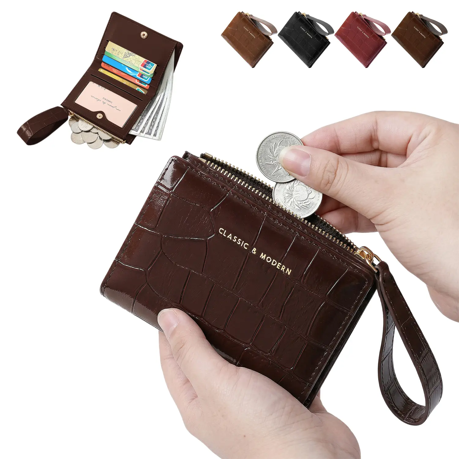 Slim Wallet for Women With Wrist Strap,Minimalsit Bifold Leather Purse RFID Blocking Small Credit Card Wallet with Zipper Pocket, Cute Key Chains Accessories Girl Small Wallets