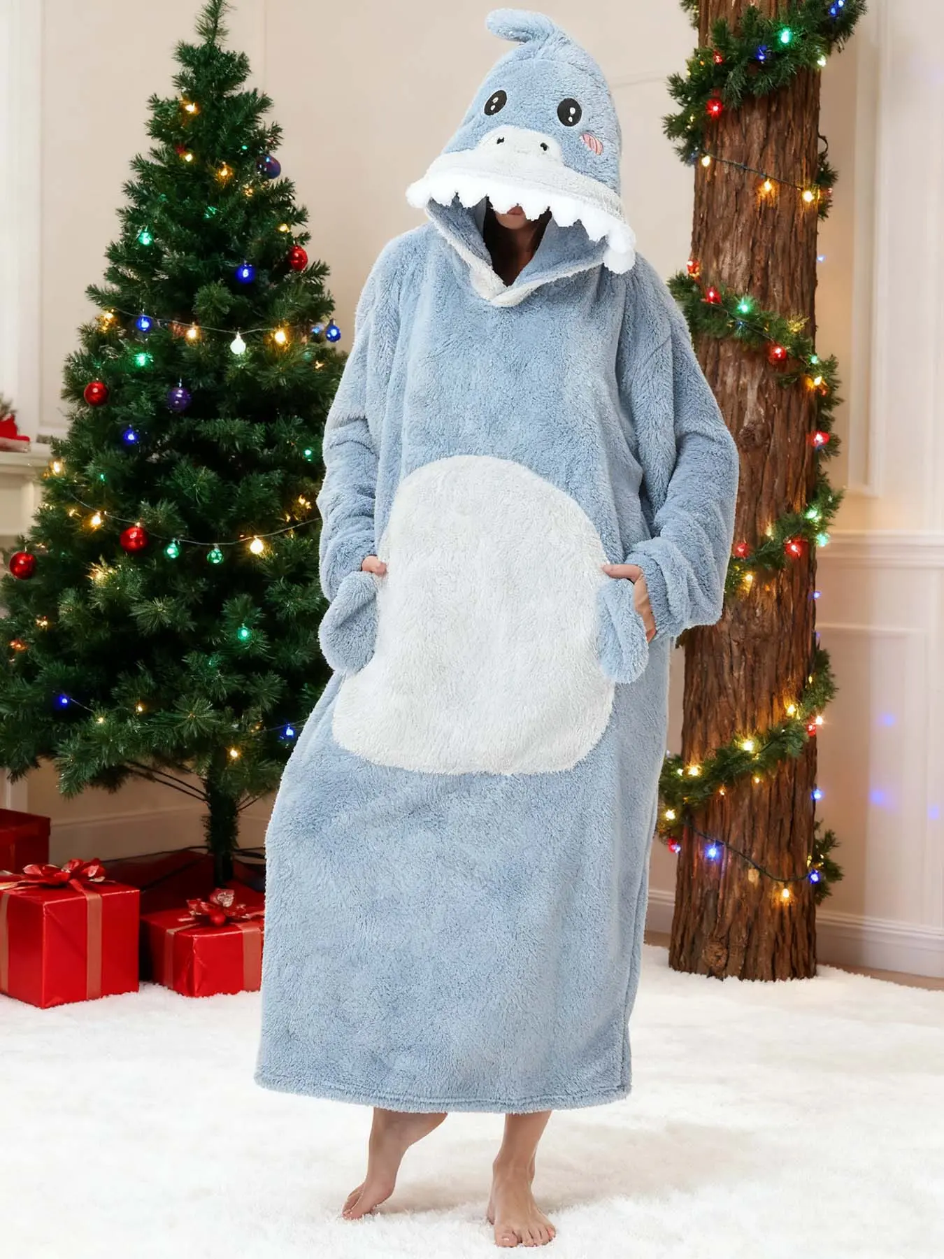 Women's Cute Animal Print Nightdress, Long Sleeve Hooded Plush Sleep Dress, Warm Cozy Loungewear, Nightwear, Clothes, Lady, Fashion, Women's Clothes, Full Sleeves, Animal Theme, Soft Polyester