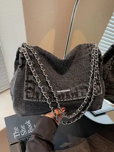 Women's Denim Fabric Shoulder Bag with Metal Chain Handle & Flap Closure, New Fashion Casual Design for Everyday Use, Denim Shoulder Purse