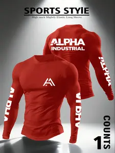 Men's round neck long sleeved shirt, Athletic shirt - printed with ALPHA Industrial+A logo, industrial fashion sports aesthetics, slim fit suitable for gym exercise, urban street style, breathable and moisture absorbing, suitable for sports wear