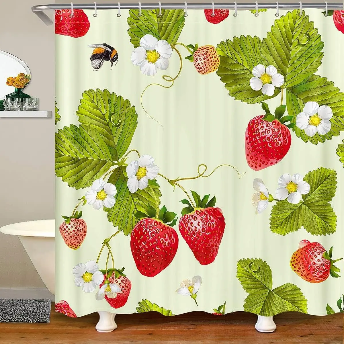 Strawberry with Floral Bathroom Waterproof Accessories with 12 Hooks Fruit Shower Curtain Botanical Flora Leaves Fabric Shower Curtains Soft Curtains