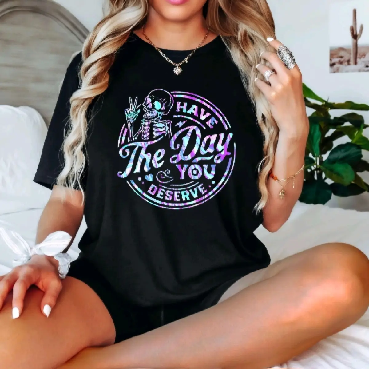 Purple And Blue Design Have The Day You Deserve T-shirt On Gildan Brand Black T-shirt /Tank Top Unisex Sizing And Fit  Casual Comfortable Tshirt Summer Womenswear