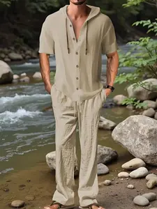 Two-Piece Set Men's Solid Linen Set, Casual Breathable Quick-drying Top & Drawstring Wide-leg Pants Set for Beach Holiday, Men's Clothing for Summer