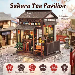 Sakura Tea Pavilion Book Nook Kit  DIY Japanese Miniature House Kit for Adults Beginners, 3D Wooden Puzzle Bookshelf Decor, Relaxing Craft Gift (220PCS)