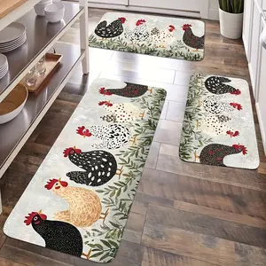 2/3pcs Kitchen Mat Set, Nordic Style Kitchen Decor Mat, Light Base with Colorful Chicken Patterns and Green Leaves, Fresh and Rustic Style. Flannel Material, Soft, Comfortable, and Easy to Clean. Suitable for Bedroom, Living Room, Dining Room