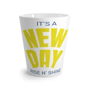 Rise N' Shine Mug • 12 oz White Ceramic Latte Cup with "NEW DAY" Lettering Microwave & Dishwasher Safe Comfortable C-handle
