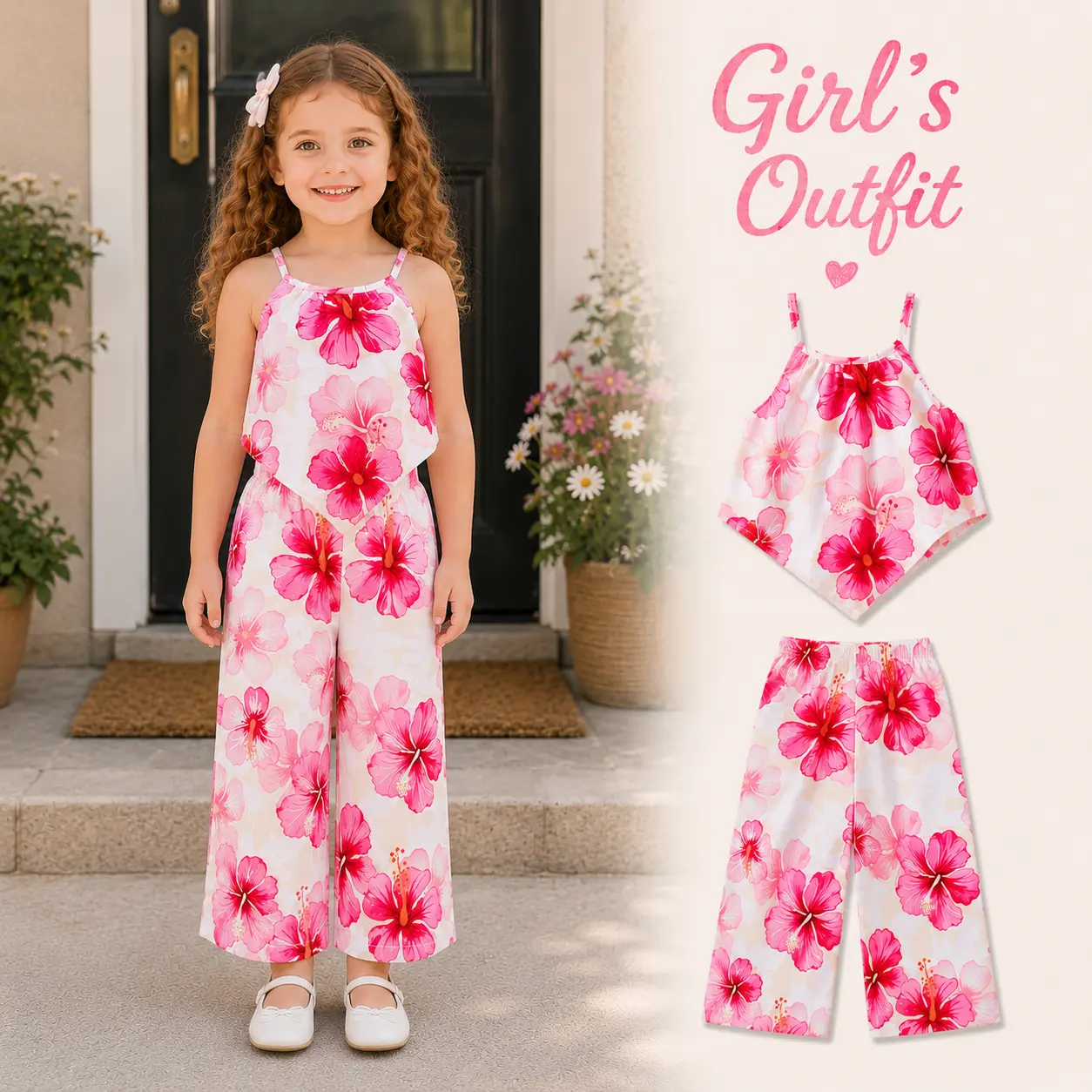 Toddler Girls 2 Piece Hibiscus Floral Outfit Spaghetti Strap Top and Wide Leg Pants Set Summer Clothes 4-7Y