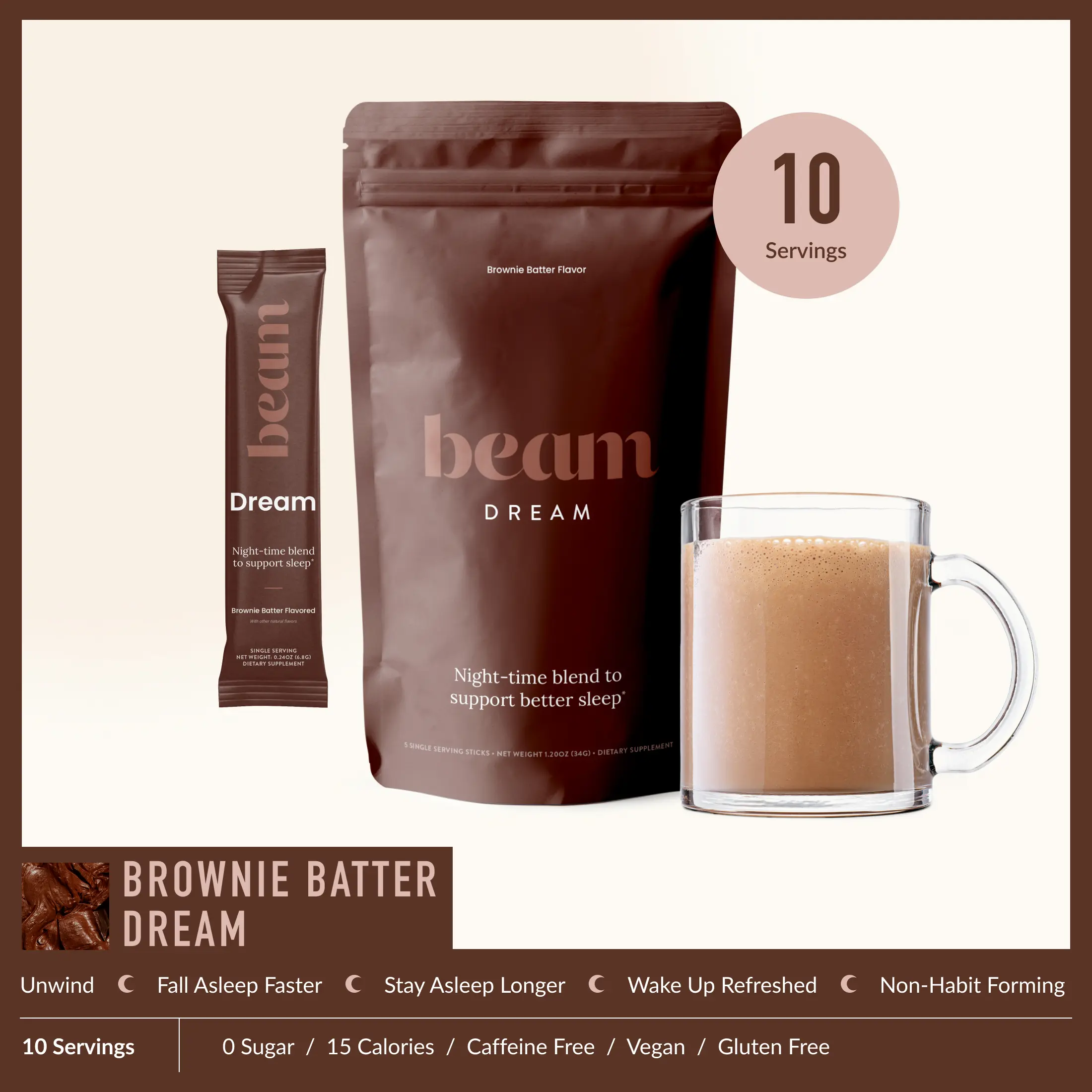 Beam Organics Dream Nighttime Hot Cocoa Powder - 10 Servings Organic Dairy-Free Self-Care Supplement, Melatonin Sleep Aid with L-Theanine, Magnesium, No Added Sugar (Cinnamon Cocoa, Brownie Batter, Sea Salt Caramel)