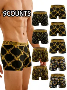 9 pcs Luxury black gold printed mid waist flat angle underwear. Soft, breathable, and elastic sports Underwear, Suitable for daily wear and running exercise. Men's four cornered underwear, Boxer Briefs Set