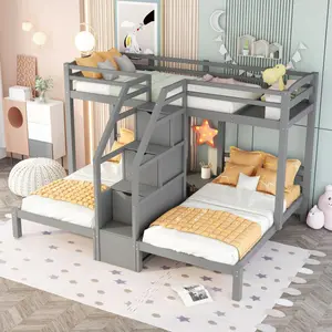 Triple Bunk Bed with Stairs, Twin Bunk Beds for 3, Wooden Bunk Bed with Built-in Staircase and Little Drawer, Gray