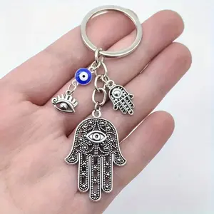 Vintage Hamsa Hand Keychain Evil Eye Charm with Blue Beads & Hamsa Eyes Islamic Jewelry Gift for Men Women Christmas Valentine's New Year Birthday Durable Pendant for Good Luck Spiritual Fashion Retro Design
