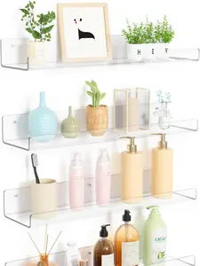 4 Pack Acrylic Shelves for Wall Storage, 15" Floating Bookshelves for Kids, Display Shelf Organizer for Bathroom, Bedroom