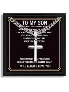1 piece silver cross pendant Cuban chain necklace birthday gift for son with blessing card and box Cuban Link Chain